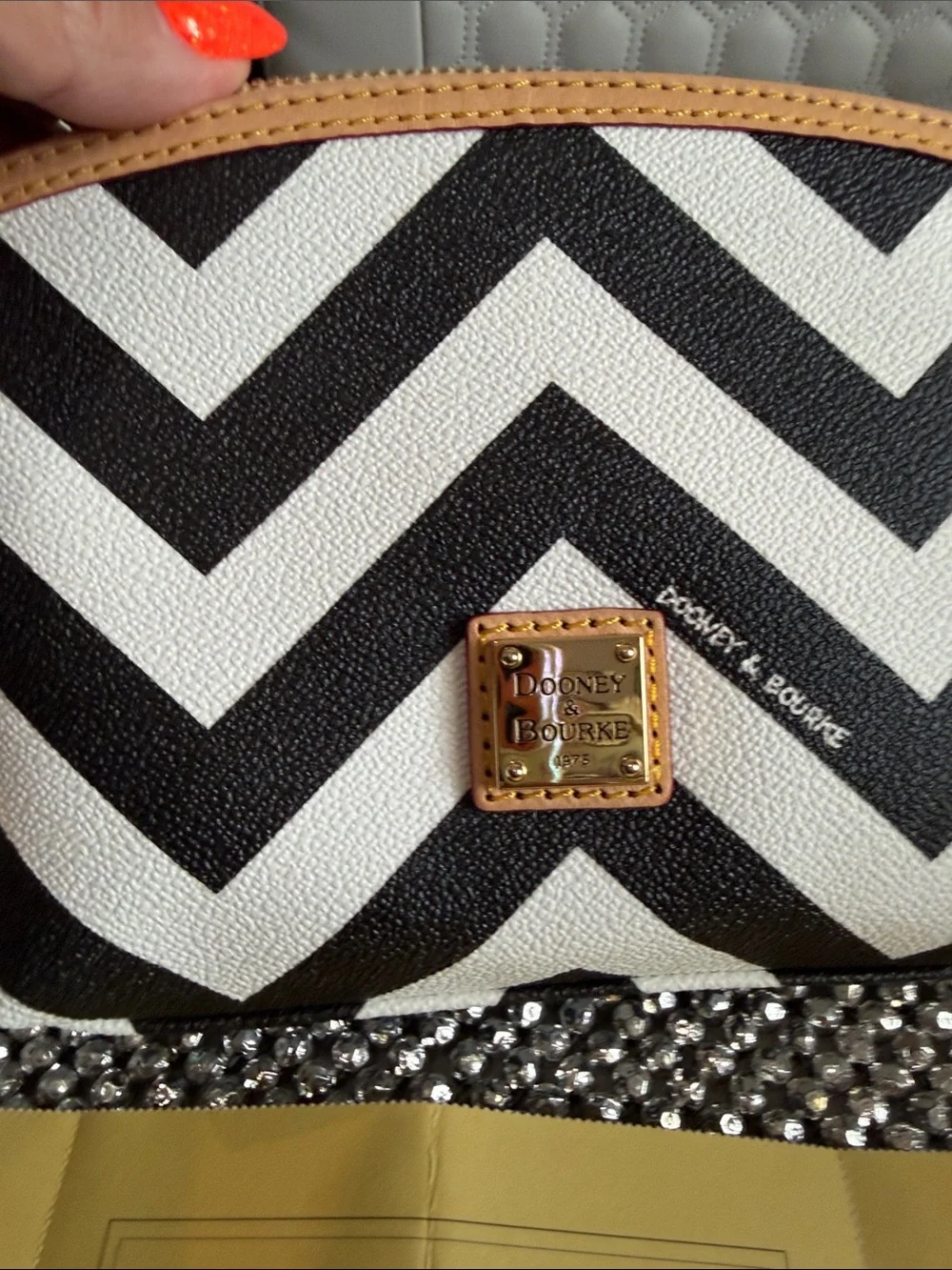 Dooney & Bourke Black White Chevron Pouch with Tan Trim